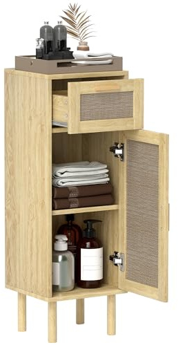HOMCOM Mueble de baño, Mueble de Estilo Bohemio con cajón y Armario, estantes Regulables, Puerta de ratán, Mueble para baño, salón, Cocina - 32 x 30 x 92 cm, Roble