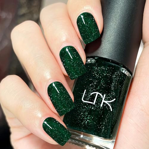 Green Nail Polish, Glitter Green Nail Varnish, Dark Green Quick Dry Long Lasting, Shimmer Sparkly Nail Glitter, Non Toxic Breathable No UV Needed, Nail Art Manicure for Women DIY Nail Art