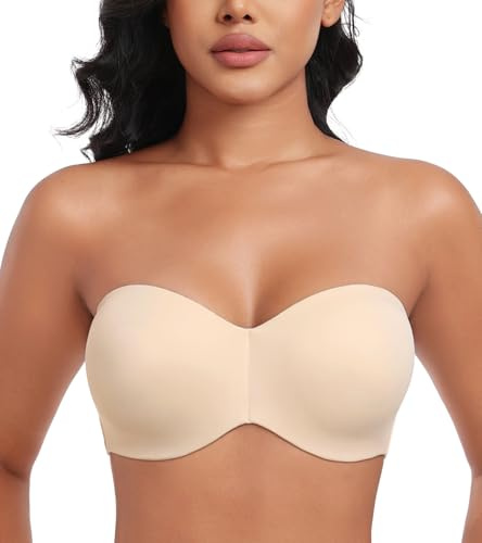 Lemorosy Women's Seamless Strapless Bra Non Padded Anti-Slip Plus Size Bandeau Underwire(Beige,36D)