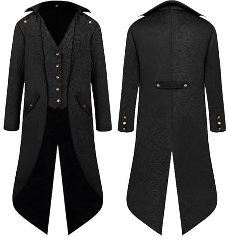 YQVGFBY Steampunk Mantel Frack Herren,Mittelalter Kleidung Zauberer Kostüm Piraten Mantel Herren,Halloween Renaissance Piraten Vampir Party Cosplay Kostüme for Erwachsene (Schwarz, L)
