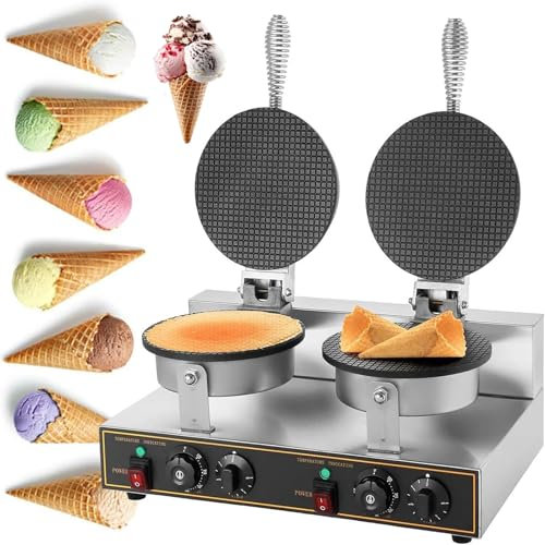 2 X 1200w Commercial Ice Cream Cone Machine, 21cm Waffle Cones Maker, 50-250℃ Smart Temperature Control & 1-5 Min Timing, Double-sided Heating, Electric Crispy Egg Roll Maker For Dessert Shop