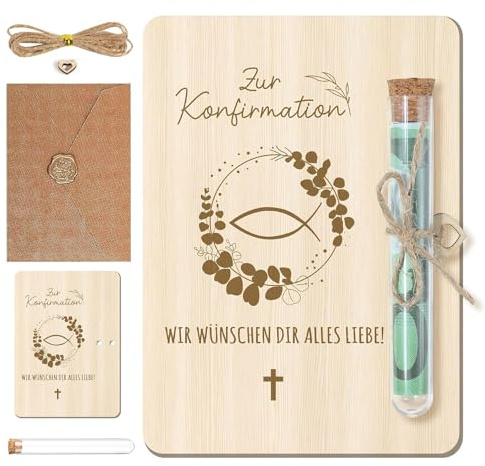 RHQFDM Geldgeschenk Konfirmation, Holz Grußkarte mit Reagenzglas & Umschlag