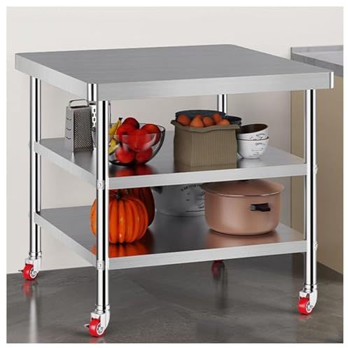 Tavolo da lavoro a 3 ripiani in acciaio inox su ruote, resistente, con ripiani aperti per cucina, ristorante, catering