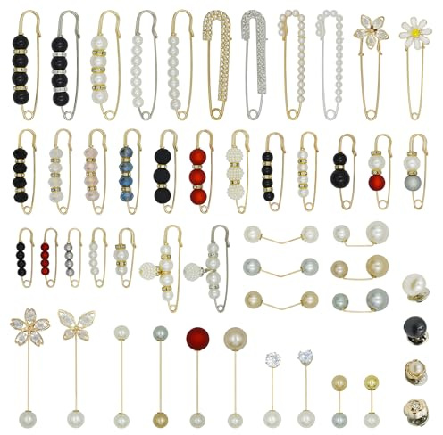 LE-stone 50Pcs Pearl Brooch Pins Safety Pin Rhinestone Brooches Waist Tightener Cover Up Buttons Clothing Decoration Accessories with Flower Butterfly Pattern for Sweater Cardigan Skirt Hat Jeans Suit