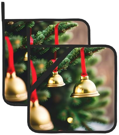 Set di presine resistenti al calore con stampa di albero di Natale e campane – Hotpad quadrati per cottura, grigliate, barbecue e cucina