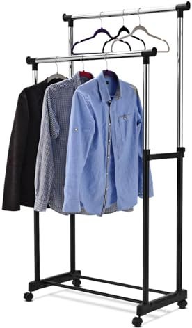FANTASK Kleiderständer auf Rollen, Garderobenständer mit 2 höhenverstellbaren Kleiderstangen, Kleiderwagen, Rollgarderobe stabil, 86 x 43 x 94-168cm (schwarz)