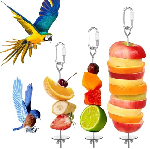 LIQWEI Lot de 3 supports de nourriture pour cage à oiseaux, jouets de recherche de rats, brochettes de fruits et légumes en acier inoxydable pour perruches, perruches, aras