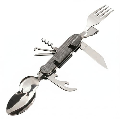 9-in-1 Camping-Besteck Multitool, tragbares Edelstahl-Set | Klappbares Outdoor-Besteck mit Messer, Gabel, Löffel, Korkenzieher & Dosenöffner für Wandern, Backpacking & Picknick