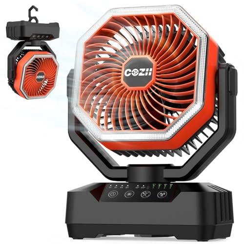 COZII Camping Ventilator 20000mAh, USB Ventilator Akku Tischventilator Oszillierend mit LED Licht, Fernbedienung, Haken, Tragbarer Ventilator Leise für Outdoor Camping, Zelt, Stromausfall, Angeln
