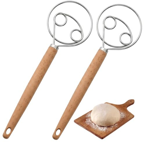 Danish Dough Whisk,10 Inch Hand Whisk for Baking, Efficient Dough Mixing Tool with Stainless Steel Double Holes Design,Dutch Whisk Egg Beater for Bread Dough, Pastry, or Pizza Dough