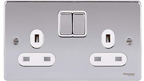 Schneider Electric Ultimate Low Profile - Switched Double Power Socket, 13A, GU3520WPC, Polished Chrome with White Insert