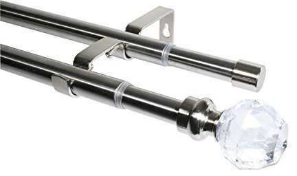 Dekobase Ausziehbare 2 lauf Gardinenstange, 2 läufig, Stilgarnitur komplett Set zum sofortigen Montieren, 16/19 mm Ø, Edelstahl-Crystal, 200-350 cm