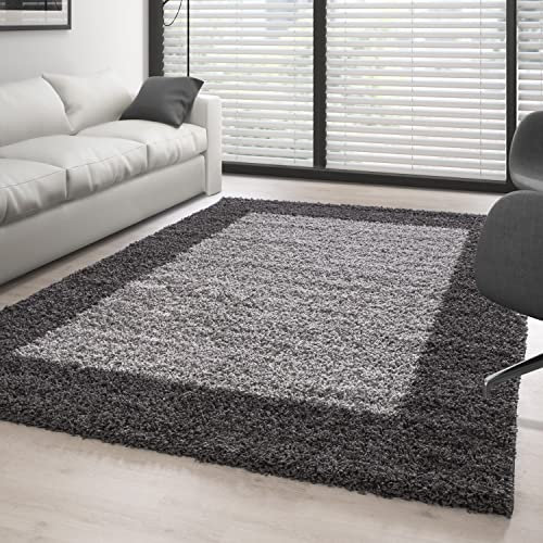 Carpettex Hochflor Teppich Wohnzimmer Shaggy Flokati Teppich Modern Bordüre Design Kleiner 60 x 110 cm Flur Teppich Läufer Grau - Teppich Schlafzimmer Weich Flauschig Waschbar Küchenläufer