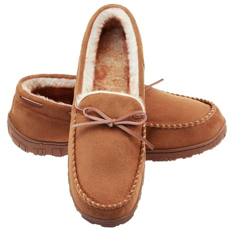 LA PLAGE Mens Slippers Moccasin Memory Foam Warm Plush House Slippers, Indoor Outdoor Comfortable Winter House Shoes 11 US Brown