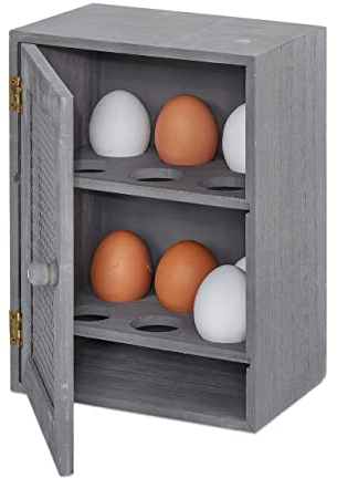 Relaxdays Huevera Rústica, Armario 12 Huevos, Huevero Cocina, Bandeja, 1 Ud., Madera y Metal, 25 x 18 x 12 cm, Gris