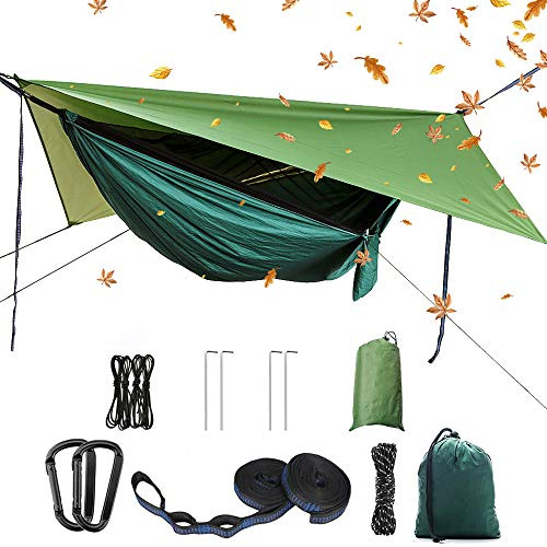 Bärbar campinghängmatta, enkel dubbel hängmatta, myggnät, regnskuggningstält, höghållfast fallskärmstyg hängande säng. Lämplig för utomhus, vandring, camping, resor