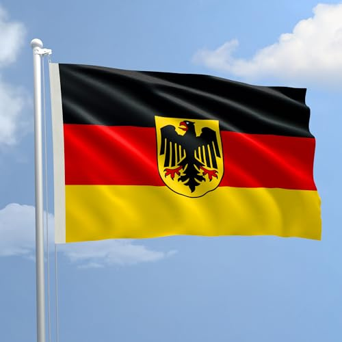 Bandiera Germania con stemma 70 x 100 cm in Poliestere Nautico Ignifugo 115 g/mq per Uso Interno ed Esterno con Finiture Professionali, Doppie Cuciture, Corda e Guaina, Colori Brillanti e Duraturi
