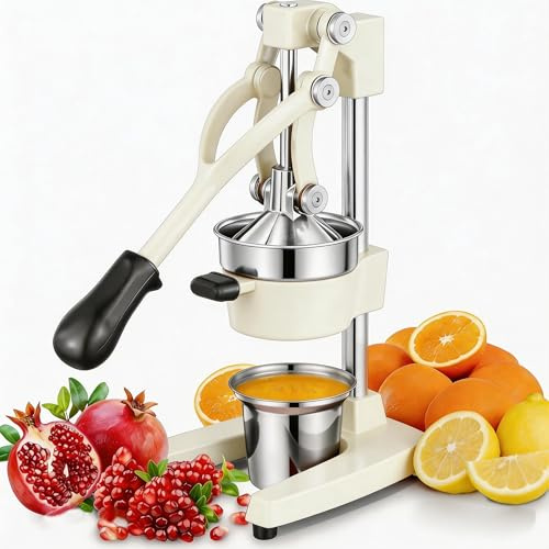 Gowintech Commercial Heavy Duty Cast Iron Hand Press Manual Orange Citrus Lemon Lime Grapefruit Pomegranate Fruit Juice Squeezer Machine with Stainless Steel Cup White