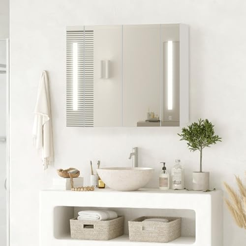 TUKAILAI LED Spiegelschrank Bad 80x15x60cm, IP44 Wasserdicht, Stecker Stromversorgung, Moderner Badezimmerschrank mit 3 Lichtfarben, 2 Türen, 3 Verstellbaren Regalen, HD-Spiegel für Badezimmer