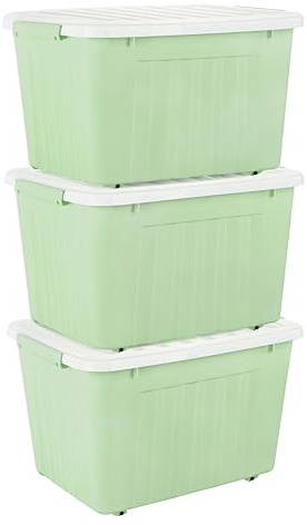 Cetomo 80L*3 Scatole di Stoccaggio con Coperchi, Contenitori in Plastica con Ruote, Clip On, Impilabili, Incastonabili, Organizzatore a Righe per Casa Ufficio, Verde, 80L-3 Pezzi
