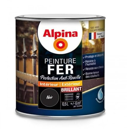 ALPINA - Alpina Peinture Fer Protection Antirouille - Intérieur & Extérieur - Brillant - Couleur Noir brillant, Conditionnement 0.5L