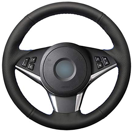 Schwarzer Leder-Lenkradbezug, passend für BMW E60 530d 545i 550i E61 Touring 2005–2009 E63 E64 630i 645Ci. Handgenähter Auto-Lenkradbezug