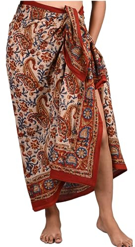 INDACORIFY 100% Cotton Hand Block Printed Sarong Womens Swimsuit Wrap Cover Up, Beach Bikini Skirt Pareo Scarf Stole Shawl for Women (Design-23)