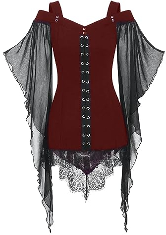 Oberteile Damen Fledermaus Vintage Bluse mit Rüschen Ärmel Mittelalter Kostüme Damen Schulterfreie Blusentops Halloween Kostüm Damen Sexy Vampir Gothic Bekleidung Kanerval