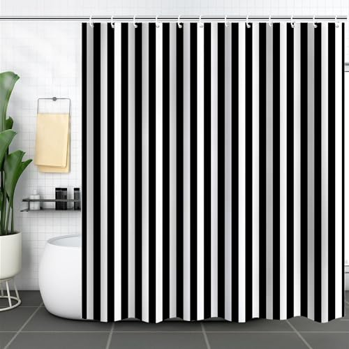 Homxi Ösen für Duschvorhang,180 W x 200 H cm,Bad Vorhänge Schwarz Weiß Streifen Polyester Duschvorhangringe Plastik