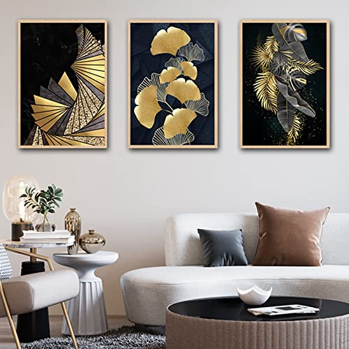 HEHGVCF Cuadros de hojas de oro negro sobre lienzo, hojas doradas, murales, hojas de plantas, imágenes modernas doradas, sin marco, 3 (A, 20 x 30 cm)