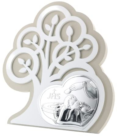Palais du Rosaire Cadre de Baptême avec coeur et arbre de vie en argent 14x15cm - Cadre religieux - Culte Chrétien en