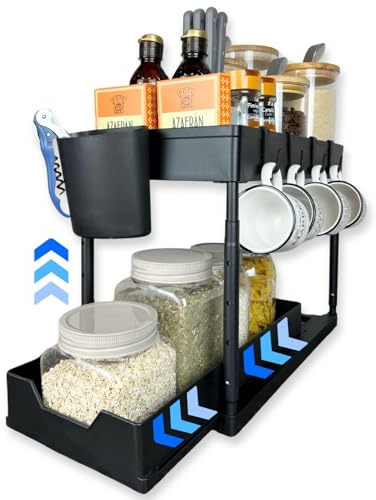 YellowClama ORGANIZADOR bajo FREGADERO - Altura Regulable - Organizador Cocina - Armario Cocina - Organizador Productos Limpieza, 1 Cesta colgante, 4 ganchos, 6 Almohadillas antideslizantes, Negro