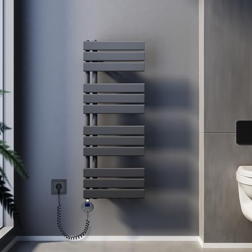 SUNXURY Scaldasalviette elettrico con termostato, 1038 x 400 mm, 600 Watt, colore antracite, portasciugamani elettrico, piatto, scaldasalviette con barra riscaldante