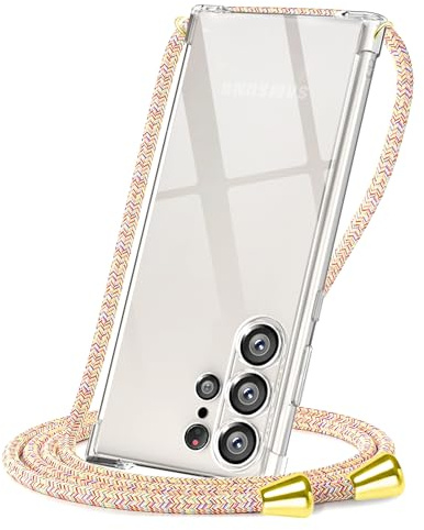 CAROKI Hands-Free Crossbody Case for Samsung Galaxy S24 Ultra, Clear Shockproof Protective Cover with Adjustable Rainbow Lanyard Neck Strap, Slim Soft TPU Phone Holder for S24 Ultra (6.8), Rainbow