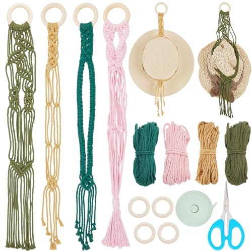 FREEBLOSS 4 Set Makramee Huthaken Set, DIY Boho Hut Organizer, Makramee Huthalter, Makramee Starter Set Mit Anleitung Für Anfänger, Makramee Ornament Für Schlafzimmer, Wohnzimmer, Dekoration