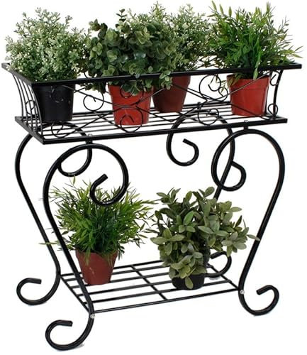2 Etagen Pflanzenständer Blumenständer 60 x 60 cm Metall Blumenhocker Blumentreppe Blumenregal, Blumentopf Ständer Pflanzentreppe Outdoor / Indoor Balkon Garten Wohnzimmer, Schwarz (Blumenregal)