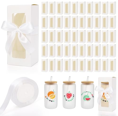 Mezchi 50 Pack Tumbler Gift Box with Window & Ribbon for Sublimation, Glass Cup Packaging for 12oz 16oz 20oz Drinking Jars, Wedding Bridal Shower Mother's Day Gifts Bulk Supplies (White)