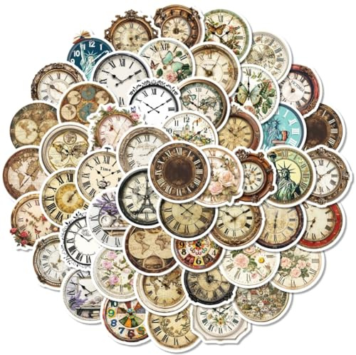 JAWSEU - Paquete de 50 pegatinas de reloj vintage para álbumes de recortes pegatinas adhesivas para portátil álbumes de recortes botellas diarios y teléfonos
