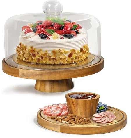 Plato para tartas con tapa, soporte para tartas con pie, plato multifuncional para tartas de madera, 30 cm, redondo con tapa de cristal, disco giratorio para hornear decoración