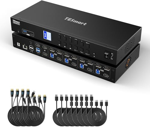 TESmart DisplayPort HDMI USB 3.0 KVM Swtich HDK403-Prime, 4K@60Hz 4 PC 3 Monitor KVM Umschalter, mit DP 1.2 HDMI 2.0 USB 3.2 Gen 1 und Audio Mikrofon, EDID Emulators, 1Gbps Ethernet, Hotkey-Schaltung
