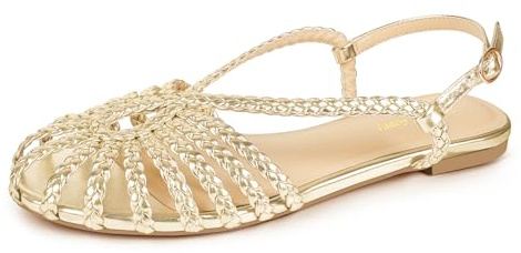 PIZZ ANNU Sophia - Sandalias planas trenzadas cómodas de espuma viscoelástica para caminar, de verano, estilo gladiador, con correa al tobillo y tiras, Oro, 40 EU