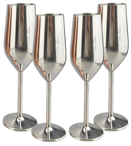 Jagged Ridge Wine Rooms Stainless Steel Champagne Flutes (Handwash Only) - Classy Steel Champagne Glass for Parties, Picnics & Special Occasions - Crafted for All Wine Enthusiasts - Set of 4 (Silver)