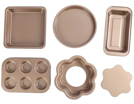6st Bakeware Set Loose Bottom Carbon Steel Anti Stick Bakpannor Set med grå Silikonhandtag, Receptbroschyr Ingår, Ugnsäker Bricka för Toast Muffinpizza (Gyllene)