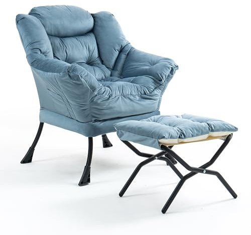 TIANSHU Relaxsessel mit Hocker, Ohrensessel mit Nackenstütze und Seitentaschen, Sessel für Wohnzimmer, Schlafzimmer, Arbeitszimmer und Balkon (Hellblau)