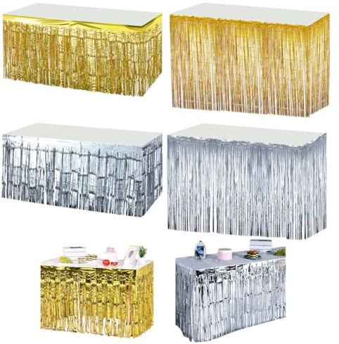 AHANDMAKER 4 Packung Lametta Tischröcke Mit Metallic Folienfransen Für Rechteckige Tische Glänzendes Lametta Banner In 2 Größe Für Hochzeitswagen Karnevalsparty (Silber Und Gold)