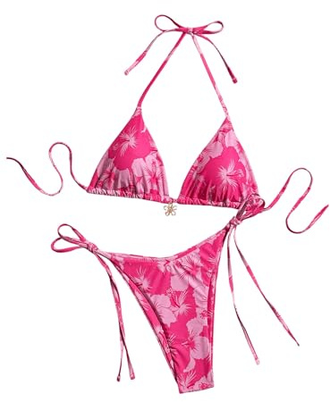 GORGLITTER Bikini damset med blommor triangel bikini hög midja nackhållare bikiniset blommig bikini med tanga, tvådelad baddräkt, badmode, 2 delar, ROSA, M