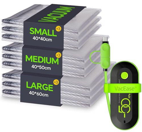 Vacbird Sacchetti Sottovuoto Vestiti Viaggio con Pompa USB, Set di 9 Buste Sottovuoto Vestiti Riutilizzabili, Durata Sacchetti Sottovuoto da Viaggio - Essenziali per Viaggio Salvaspazio