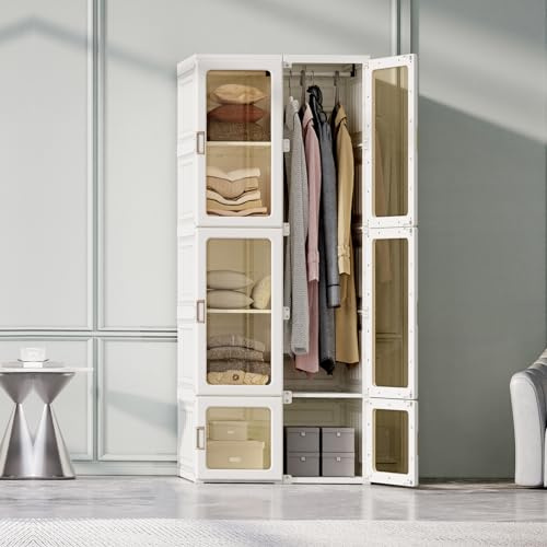 BEIJIALY Aufbewahrungsschrank mit transparenten Türpaneelen, tragbarer Faltschrank, multifunktionaler Faltbarer Kleiderschrank mit Stange für Wohnzimmer, Schlafzimmer, 69 x 50 x 170 cm, weiß
