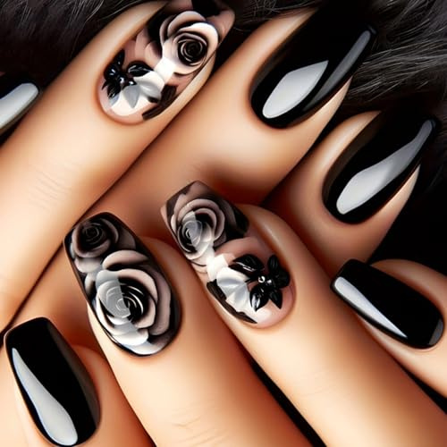 24 Stück Blumen Nägel Zum Aufkleben Mittel, Schwarz Rose French Press on Nails, Einfarbige Acryl Künstliche Fingernägel Zum Aufkleben, Natürliche Sarg Falsche Nägel für Frauen Mädchen Nail Art