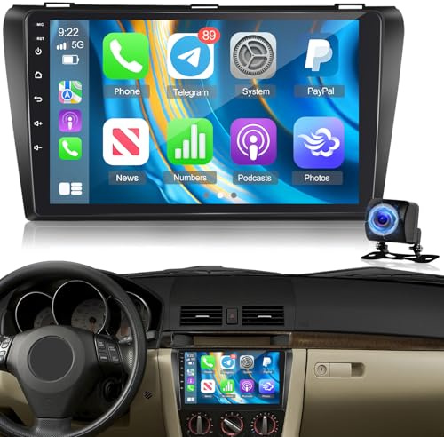 [2G+64G] Android Autoradio per Mazda 3 2003-2009, CarPlay & Android Auto Senza Fili, Radio con 9 Pollici Schermo Touch, EQ DSP, GPS, WiFi, FM RDS, Bluetooth, SWC + Retrocamera